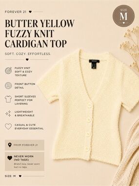 Forever 21 Butter Yellow Fuzzy Cardigan Top | Soft Bouclé Button-Up | Size M